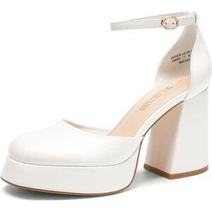 Dream Pairs White-pu Polyurethane (PU) Closed Toe Block Pumps Ankle Strap Shoes